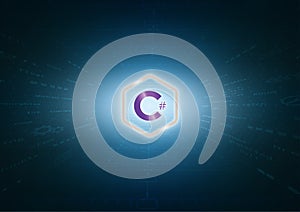 C Sharp sign and program code on blue background