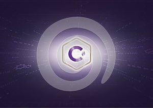 C Sharp sign and program code on purple background.
