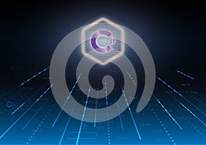 C Sharp sign and program code on purple background