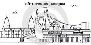 C te D ivoire, Abidjan line skyline vector illustration. C te D ivoire, Abidjan linear cityscape with famous landmarks