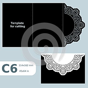 C6 paper openwork greeting card, template for cutting, lace invitation, Ñard with fold lines, object isolated background