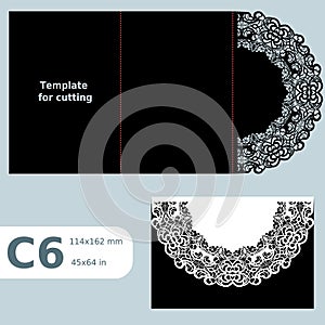 C6 paper openwork greeting card, wedding invitation, lace invitation, card with fold lines, object isolated background, laser cu