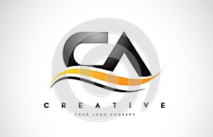 CA C A Swoosh Letter Logo Design with Modern Yellow Swoosh Curve