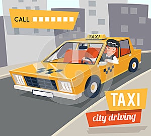 Cab taxi driver cartoon retro car city driving street backgorund vector illustration