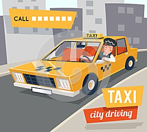 Cab taxi driver cartoon retro car city driving street backgorund vector illustration photo