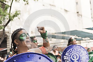 Argentina, women`s day 2020. Young woman defending the legal abortion law