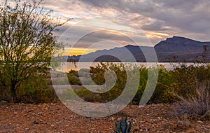 Sunset over Caballo Lake in New Mexico photo