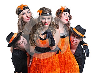 Cabaret dancer team dancing. Isolated on white background.