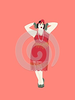 Cabaret girl dancing on red background. Beauty portrait