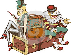 Cabaret singer and clown with suitcases