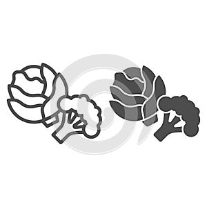 Cabbage and broccoli line and solid icon, Diet concept, vegetable sign on white background, fresh cabbage and broccoli