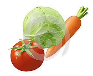Cabbage, carrot and tomato isolated on white background