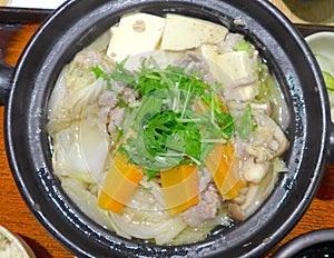 Cabbage clay pot with meat closeup