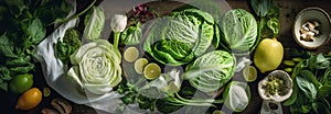 Cabbage of different varieties and types, flatlay vegetables, a banner filled with products