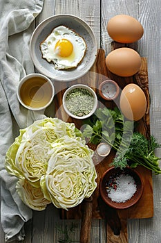 Cabbage heads, eggs, and herbs laid out on a wooden surface.