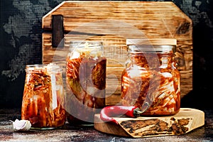 Cabbage kimchi glass jar. Korean traditional cuisine. Fermented food