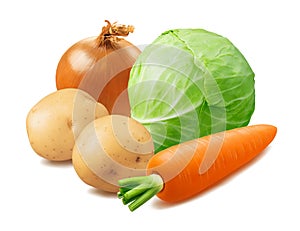 Cabbage, potato, carrot and onion isolated on white background
