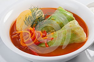Cabbage rolls on a plate with potatoes and tomato sauce isolated on white background close-up for menu