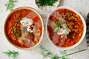 Cabbage rolls soup in a ceramic bowl on a table. .style hugge