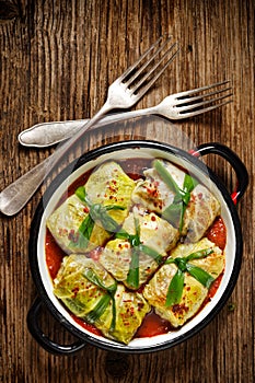 Cabbage rolls, stuffed cabbage stewed in tomato sauce