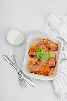 Cabbage rolls stuffed with rice and meat stewed in tomato sauce. Traditional dish, ready-to-eat food