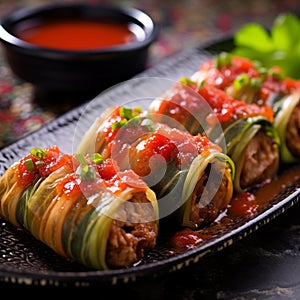 Cabbage Rolls in Tomato Sauce with Sesame Seeds and Fresh Herbs photo