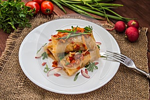 Cabbage rolls in tomato sauce. white plate. wood background.