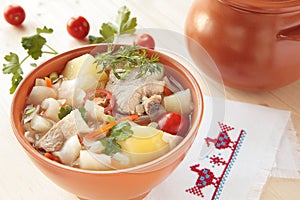 Cabbage soup with fresh cabbage with bacon