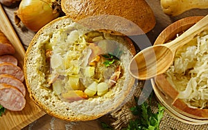 Cabbage soup in a loaf of bread