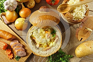 Cabbage soup in a loaf of bread