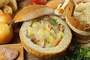 Cabbage soup in a loaf of bread