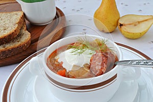 Cabbage soup with sausage.