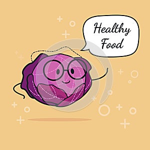 Cabbage with speech bubble. Balloon sticker. Cool vegetable. Vector illustration. Cabbage clever nerd character. Healthy food conc