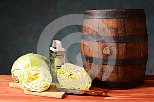 Cabbage and wooden barrel