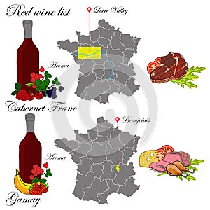 Cabernet Franc and Gamay. The wine list. An illustration of a red wine. photo