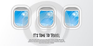 Cabin airplane porthole window with blue sky view for tourist holiday advertising. it`s time to travel around the world