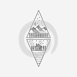 Cabin, cottage line art logo vector illustration design. mountain cottage symbol outline