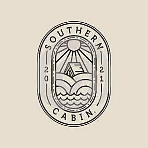 Cabin or Cottage Modern Line Art Illustration Design. Outdoor Cabin Badge Logo Vector. Cabin, Cottage, Hill, River, Summer and Sun