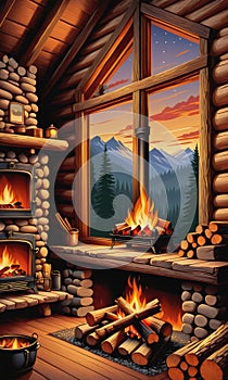 Cabin Coziness: A Rustic Fireplace, Logs, and a Window with Nature\'s Vista photo
