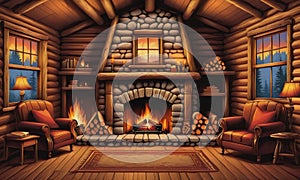 Cabin Coziness: A Rustic Fireplace, Logs, and a Window with Nature\'s Vista photo