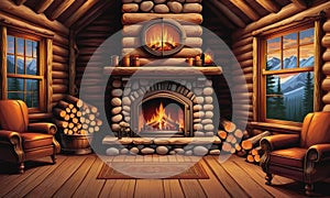 Cabin Coziness: A Rustic Fireplace, Logs, and a Window with Nature\'s Vista photo
