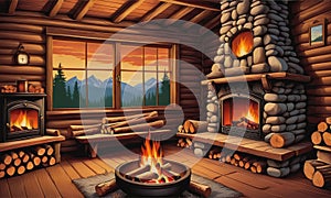 Cabin Coziness: A Rustic Fireplace, Logs, and a Window with Nature\'s Vista photo