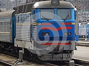 Cabin of Electric Locomotive Arrival To Passenger Railway Station