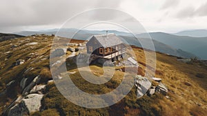 A cabin on a hill with a mountain range in the background AIG51A