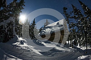 Cabin house chalets in winter forest with snow in light moon and