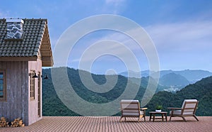 Cabin house with mountain view 3d rendering image photo