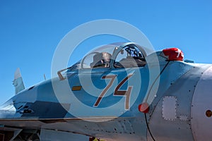 The cabin of a jet fighter pilot of Sukhoi SU27M - for NATO codification: Flanker-B. photo