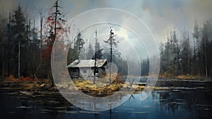 Cabin By The Lake: A Winter Wood Painting