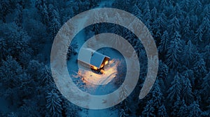 A Cabin with Lights in a Snowy Forest at Night