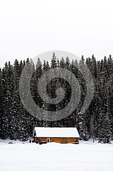 the cabin is located by snowy trees, on a hillside in Canada by the lake Louise